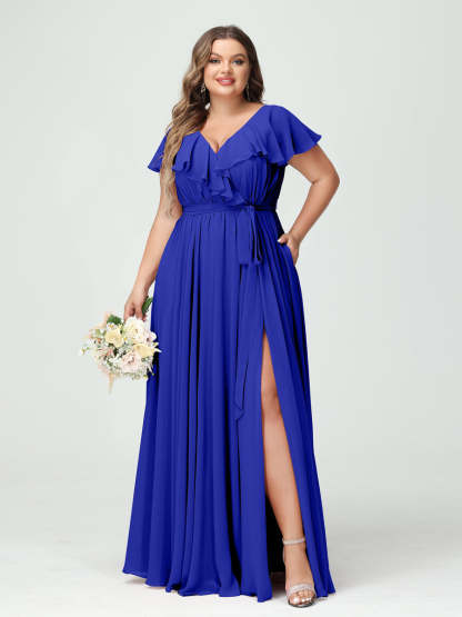 Plus Size Chiffon Bridesmaid Dress with Pockets - A-Line/Princess V-Neck, Short Sleeves, Ruffles, Ruched & Side Split-BMbridal.UK