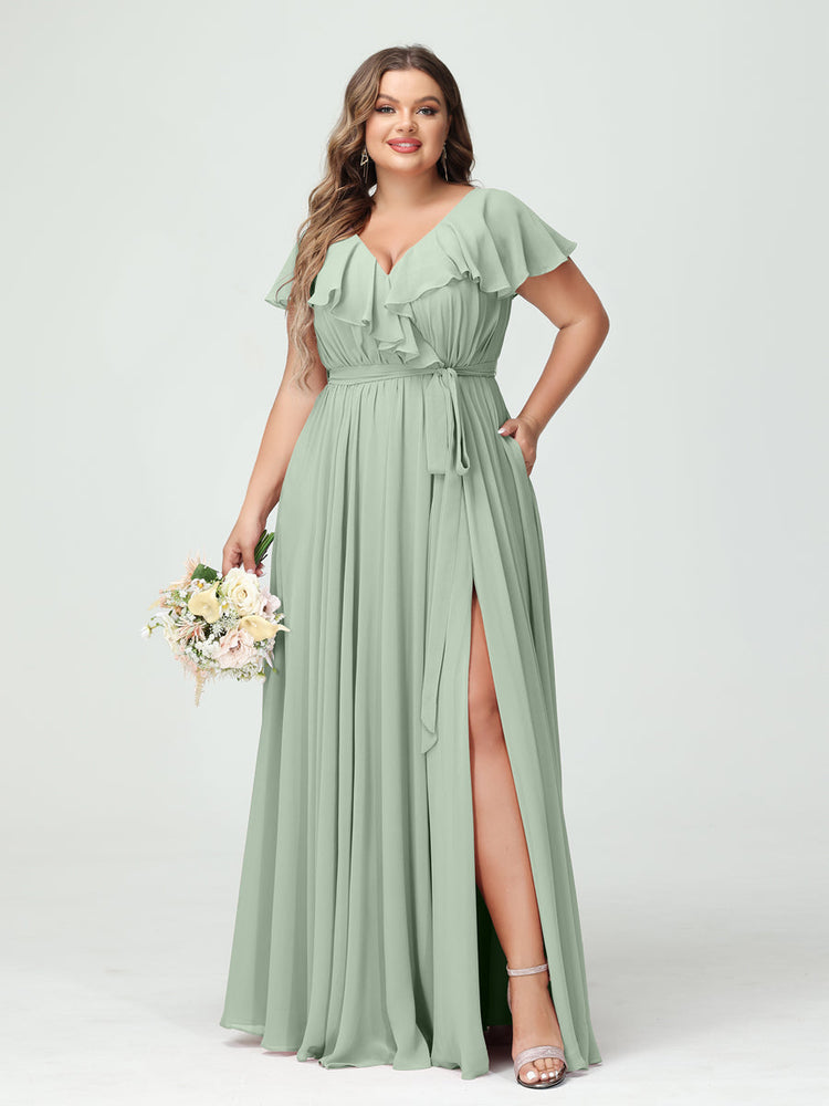 Plus Size Chiffon Bridesmaid Dress with Pockets - A-Line/Princess V-Neck, Short Sleeves, Ruffles, Ruched & Side Split-BMbridal.UK