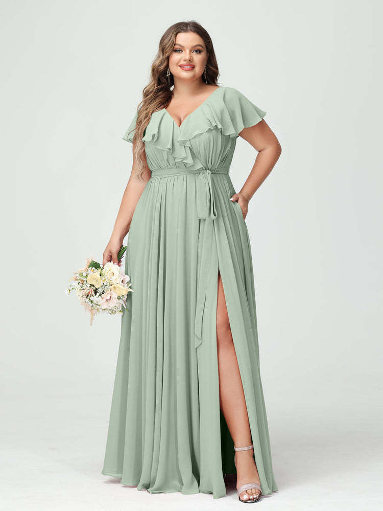 Plus Size Chiffon Bridesmaid Dress with Pockets - A-Line/Princess V-Neck, Short Sleeves, Ruffles, Ruched & Side Split-BMbridal.UK