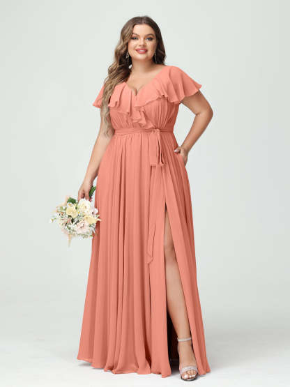 Plus Size Chiffon Bridesmaid Dress with Pockets - A-Line/Princess V-Neck, Short Sleeves, Ruffles, Ruched & Side Split-BMbridal.UK