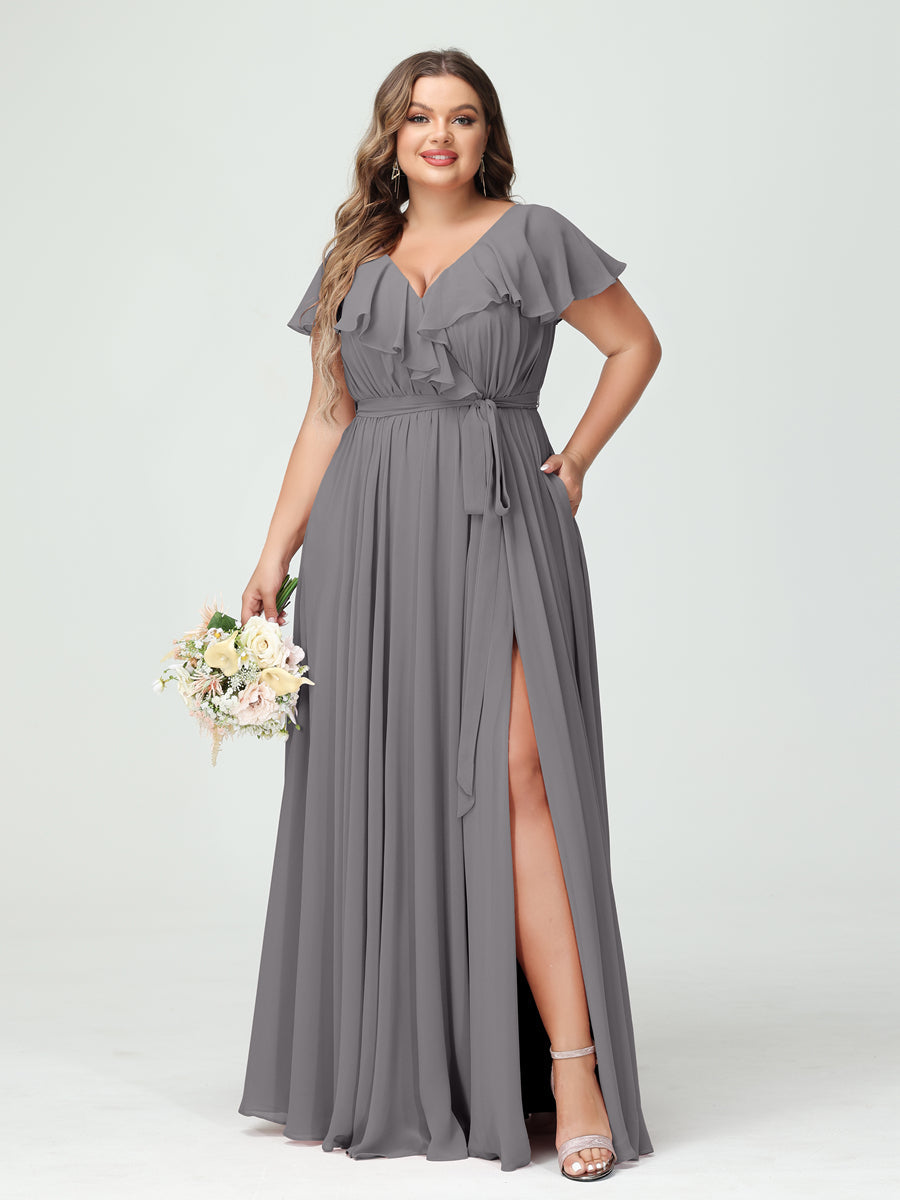 Plus Size Chiffon Bridesmaid Dress with Pockets - A-Line/Princess V-Neck, Short Sleeves, Ruffles, Ruched & Side Split-BMbridal.UK