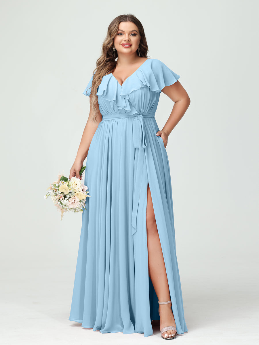 Plus Size Chiffon Bridesmaid Dress with Pockets - A-Line/Princess V-Neck, Short Sleeves, Ruffles, Ruched & Side Split-BMbridal.UK