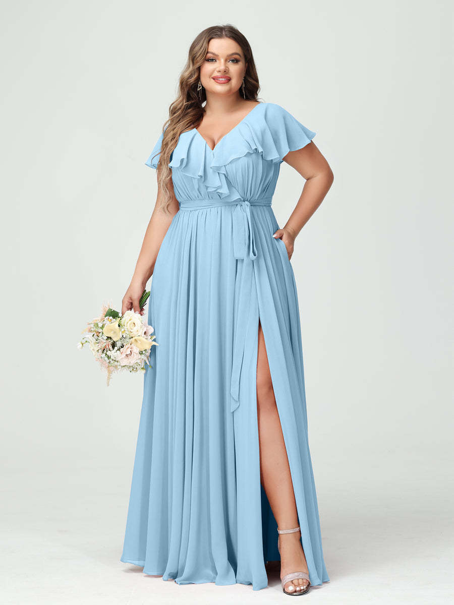 Plus Size Chiffon Bridesmaid Dress with Pockets - A-Line/Princess V-Neck, Short Sleeves, Ruffles, Ruched & Side Split-BMbridal.UK