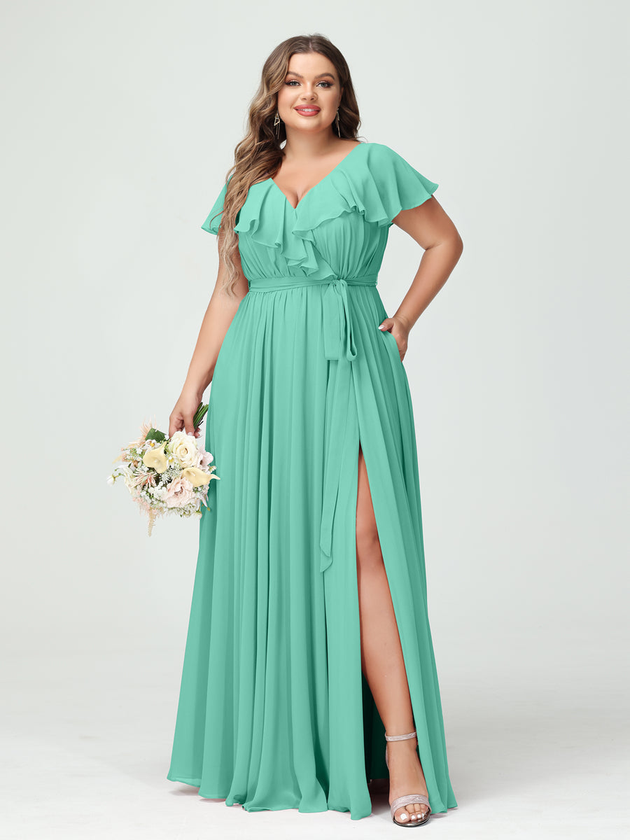 Plus Size Chiffon Bridesmaid Dress with Pockets - A-Line/Princess V-Neck, Short Sleeves, Ruffles, Ruched & Side Split-BMbridal.UK