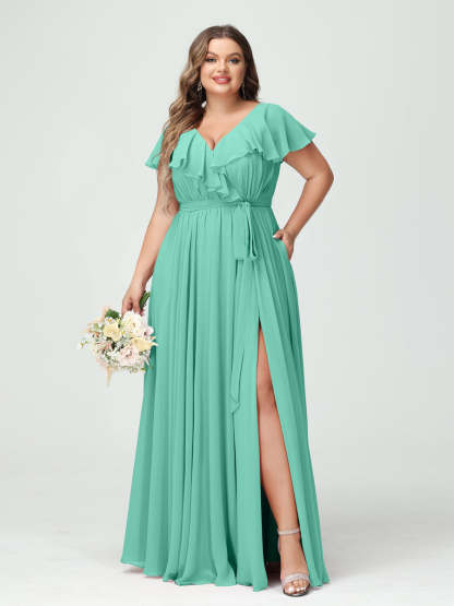 Plus Size Chiffon Bridesmaid Dress with Pockets - A-Line/Princess V-Neck, Short Sleeves, Ruffles, Ruched & Side Split-BMbridal.UK