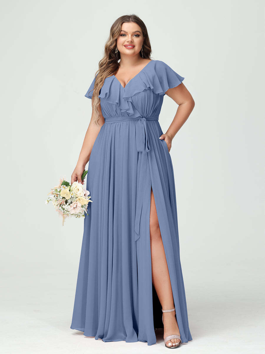Plus Size Chiffon Bridesmaid Dress with Pockets - A-Line/Princess V-Neck, Short Sleeves, Ruffles, Ruched & Side Split-BMbridal.UK
