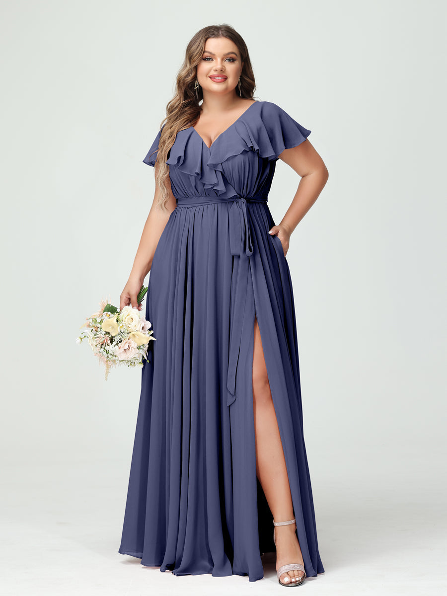 Plus Size Chiffon Bridesmaid Dress with Pockets - A-Line/Princess V-Neck, Short Sleeves, Ruffles, Ruched & Side Split-BMbridal.UK