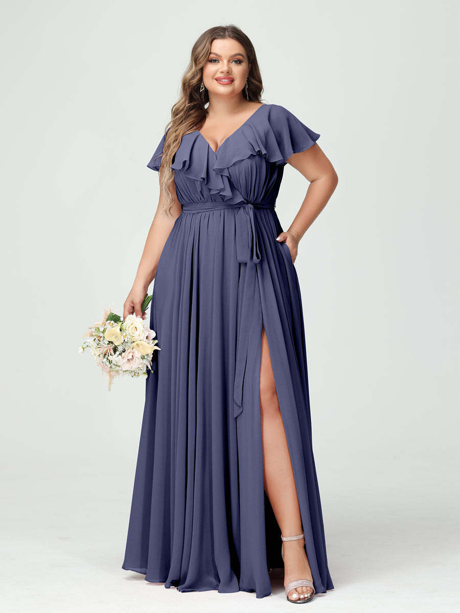 Plus Size Chiffon Bridesmaid Dress with Pockets - A-Line/Princess V-Neck, Short Sleeves, Ruffles, Ruched & Side Split-BMbridal.UK