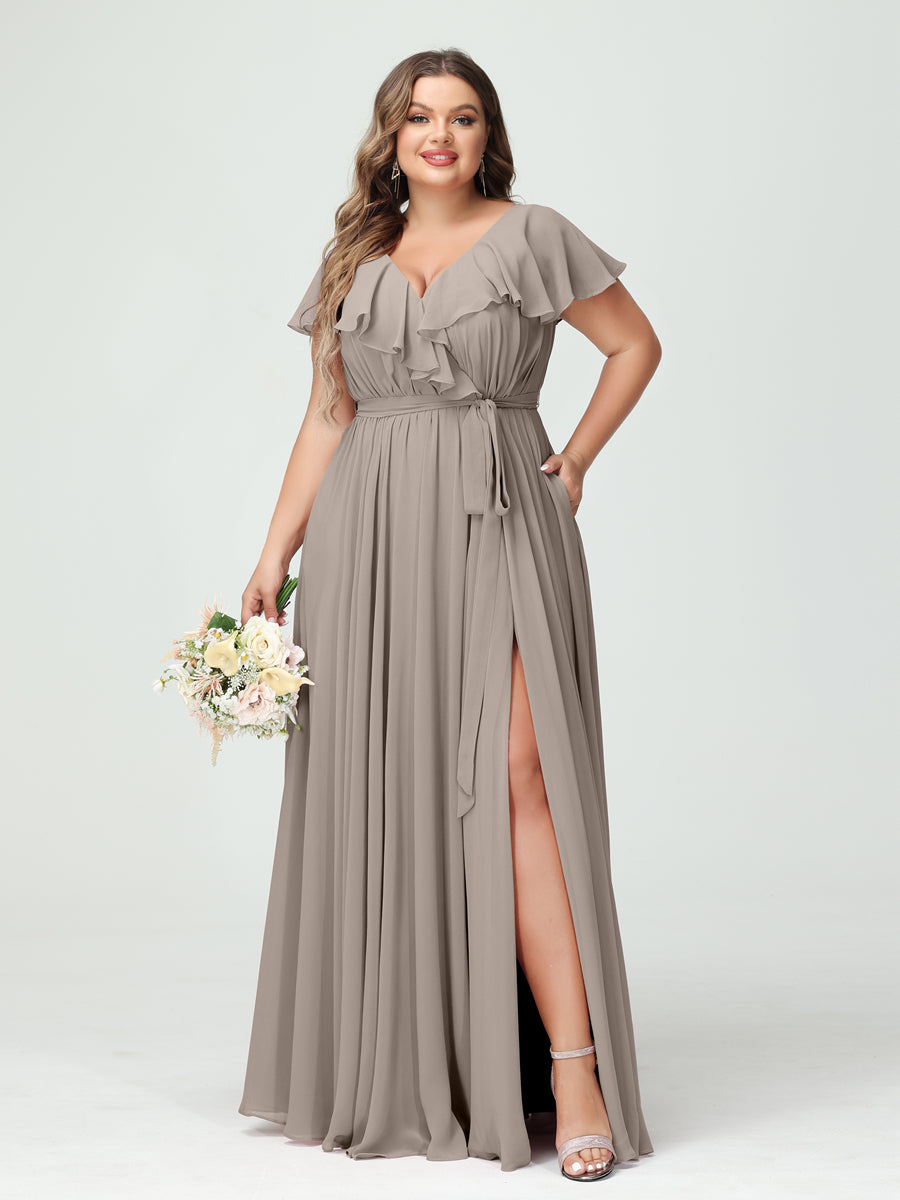 Plus Size Chiffon Bridesmaid Dress with Pockets - A-Line/Princess V-Neck, Short Sleeves, Ruffles, Ruched & Side Split-BMbridal.UK