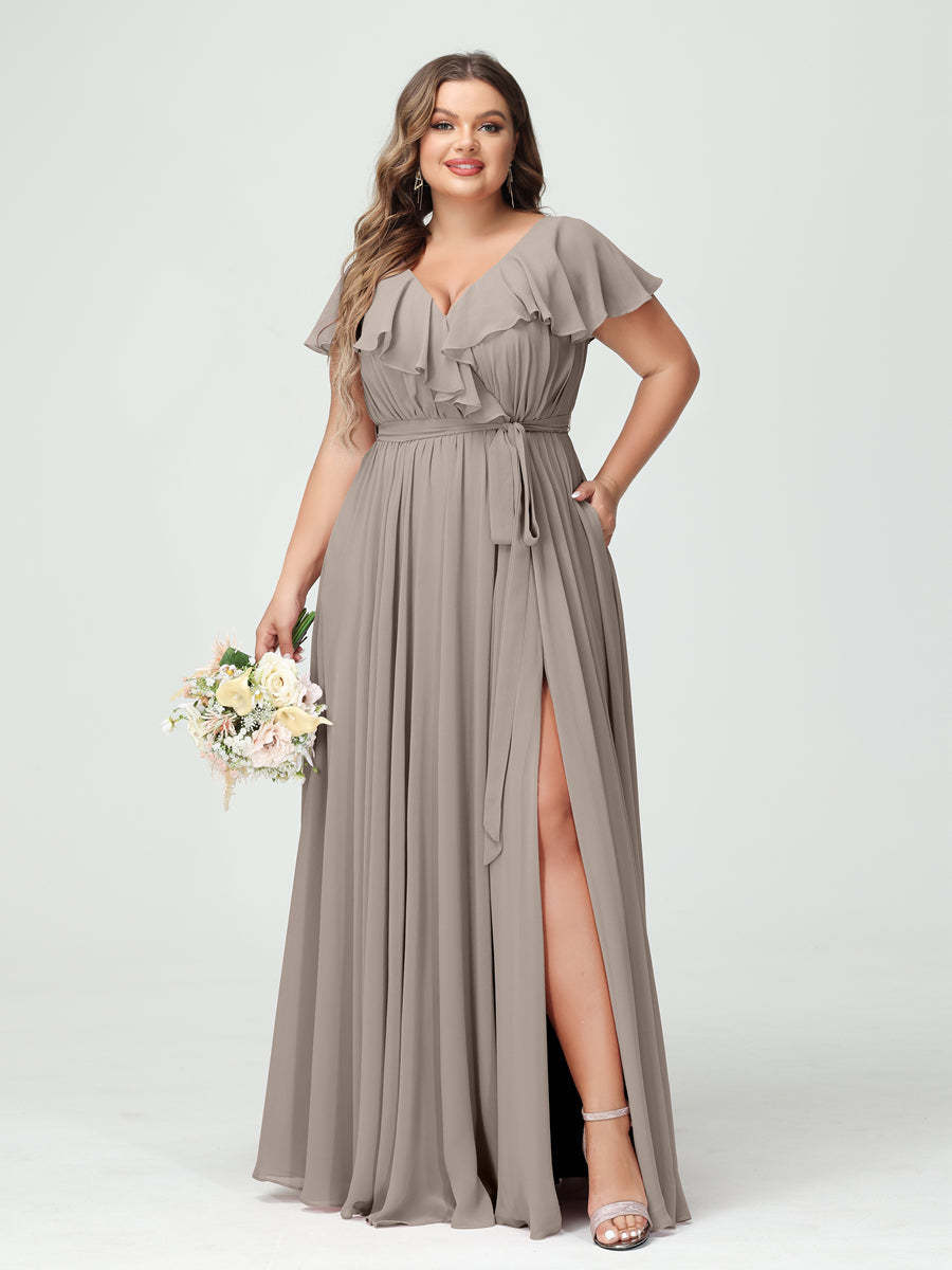 Plus Size Chiffon Bridesmaid Dress with Pockets - A-Line/Princess V-Neck, Short Sleeves, Ruffles, Ruched & Side Split-BMbridal.UK
