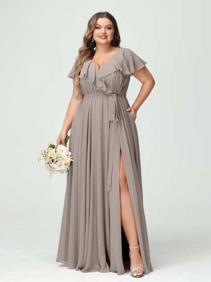 Plus Size Chiffon Bridesmaid Dress with Pockets - A-Line/Princess V-Neck, Short Sleeves, Ruffles, Ruched & Side Split-BMbridal.UK
