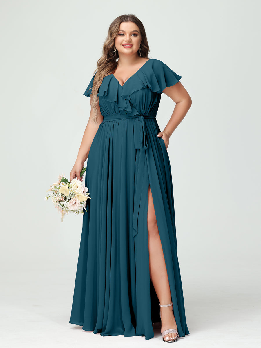 Plus Size Chiffon Bridesmaid Dress with Pockets - A-Line/Princess V-Neck, Short Sleeves, Ruffles, Ruched & Side Split-BMbridal.UK