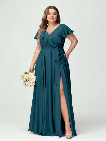 Plus Size Chiffon Bridesmaid Dress with Pockets - A-Line/Princess V-Neck, Short Sleeves, Ruffles, Ruched & Side Split-BMbridal.UK