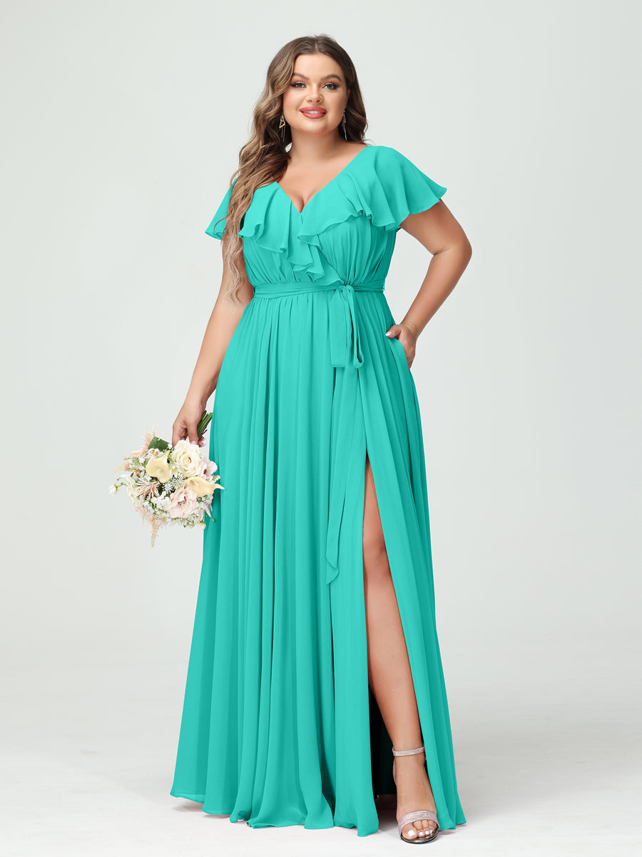 Plus Size Chiffon Bridesmaid Dress with Pockets - A-Line/Princess V-Neck, Short Sleeves, Ruffles, Ruched & Side Split-BMbridal.UK