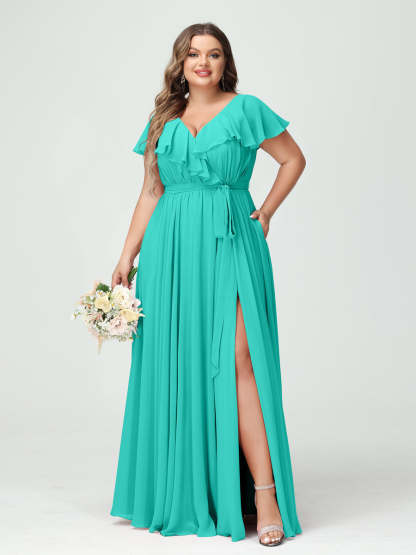 Plus Size Chiffon Bridesmaid Dress with Pockets - A-Line/Princess V-Neck, Short Sleeves, Ruffles, Ruched & Side Split-BMbridal.UK