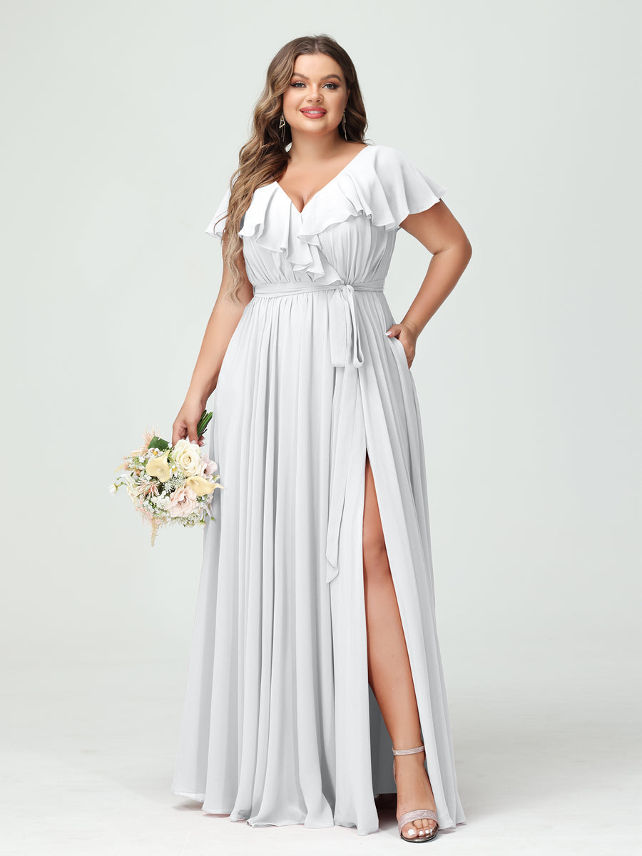 Plus Size Chiffon Bridesmaid Dress with Pockets - A-Line/Princess V-Neck, Short Sleeves, Ruffles, Ruched & Side Split-BMbridal.UK