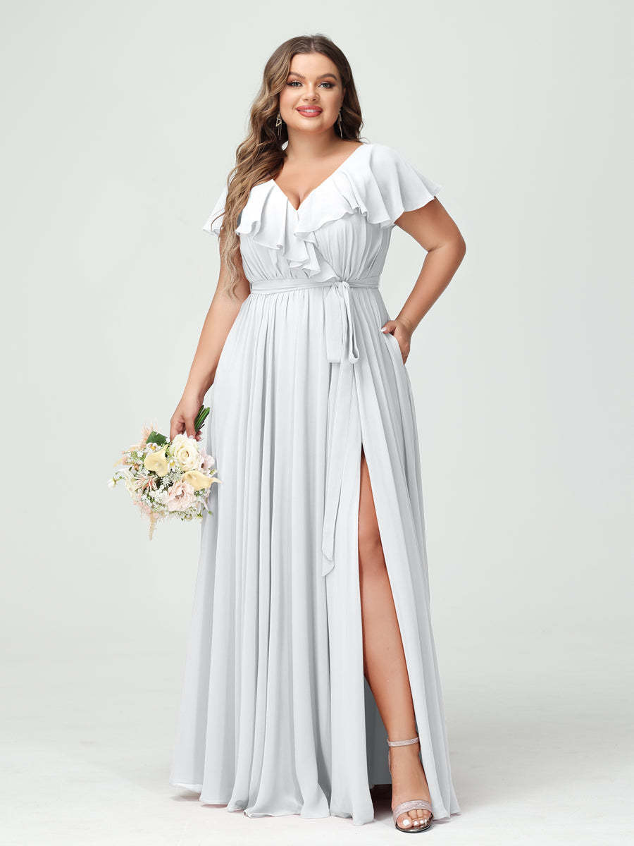 Plus Size Chiffon Bridesmaid Dress with Pockets - A-Line/Princess V-Neck, Short Sleeves, Ruffles, Ruched & Side Split-BMbridal.UK