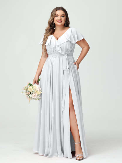 Plus Size Chiffon Bridesmaid Dress with Pockets - A-Line/Princess V-Neck, Short Sleeves, Ruffles, Ruched & Side Split-BMbridal.UK
