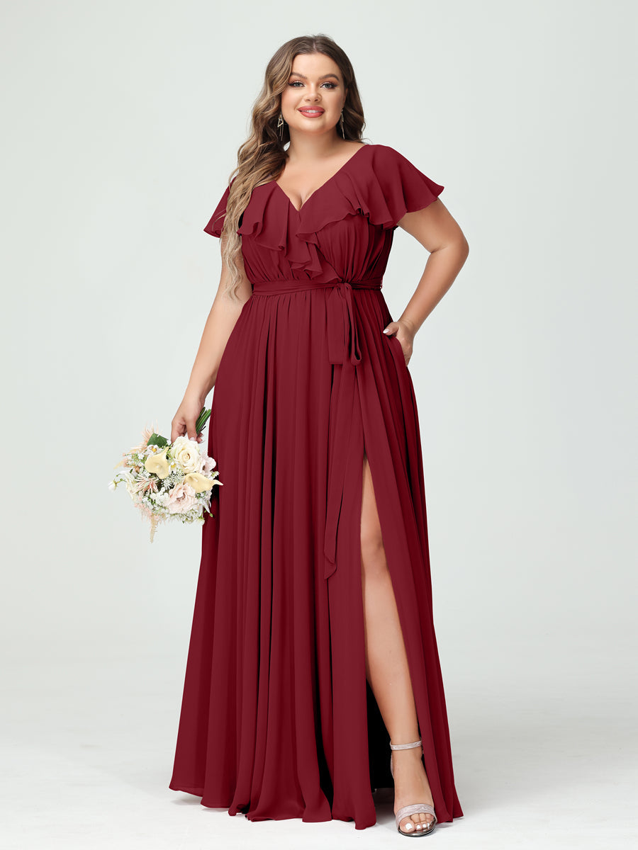 Plus Size Chiffon Bridesmaid Dress with Pockets - A-Line/Princess V-Neck, Short Sleeves, Ruffles, Ruched & Side Split-BMbridal.UK