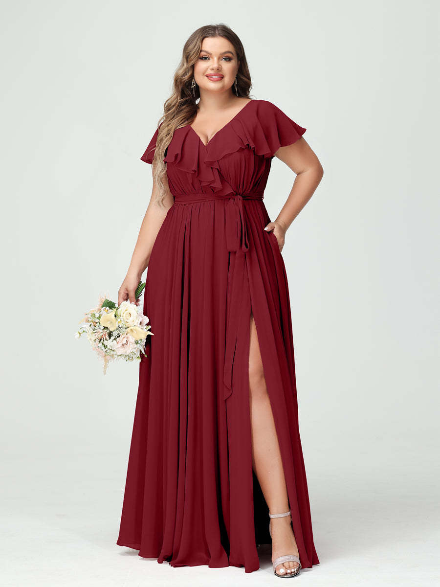 Plus Size Chiffon Bridesmaid Dress with Pockets - A-Line/Princess V-Neck, Short Sleeves, Ruffles, Ruched & Side Split-BMbridal.UK