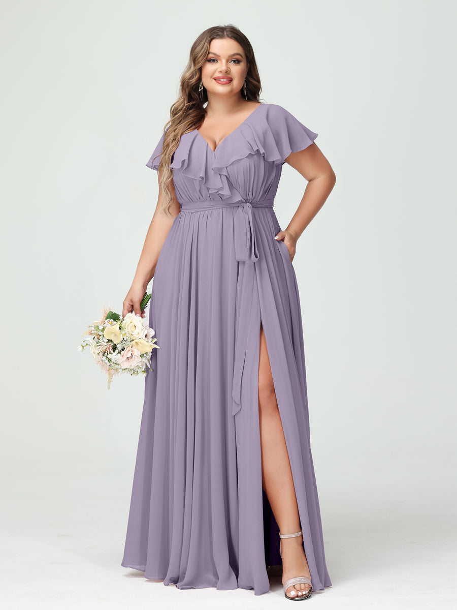 Plus Size Chiffon Bridesmaid Dress with Pockets - A-Line/Princess V-Neck, Short Sleeves, Ruffles, Ruched & Side Split-BMbridal.UK