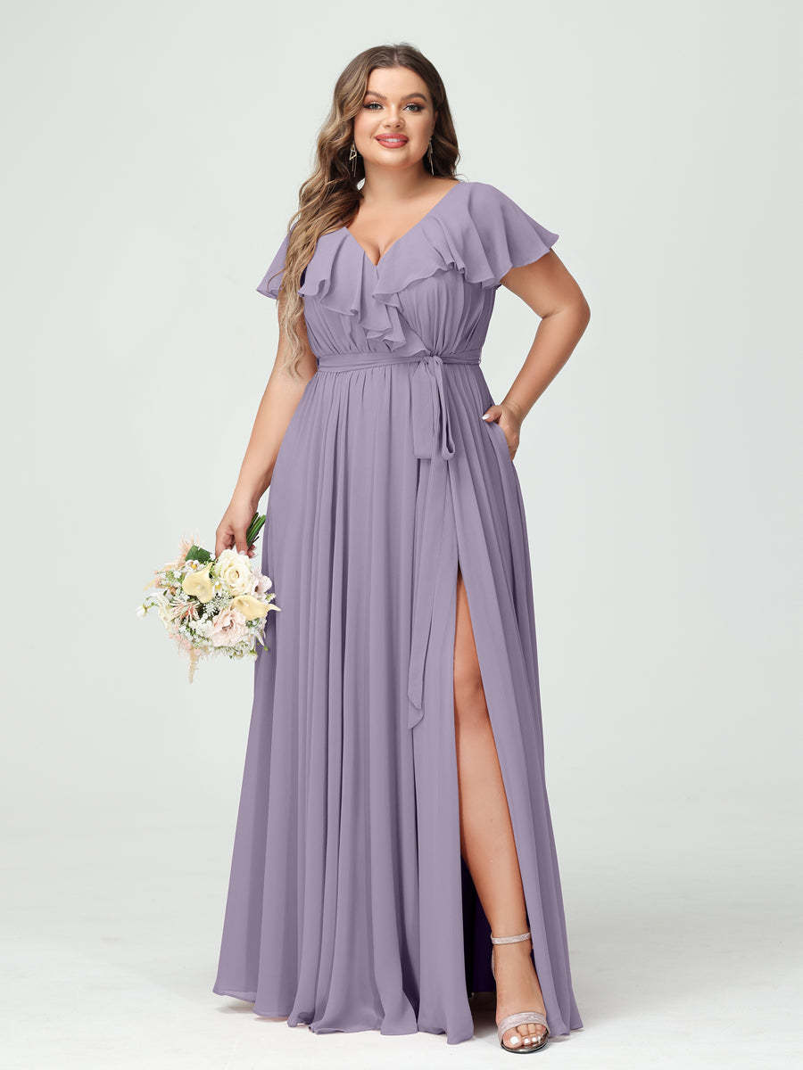 Plus Size Chiffon Bridesmaid Dress with Pockets - A-Line/Princess V-Neck, Short Sleeves, Ruffles, Ruched & Side Split-BMbridal.UK