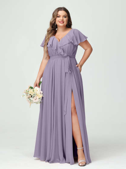 Plus Size Chiffon Bridesmaid Dress with Pockets - A-Line/Princess V-Neck, Short Sleeves, Ruffles, Ruched & Side Split-BMbridal.UK