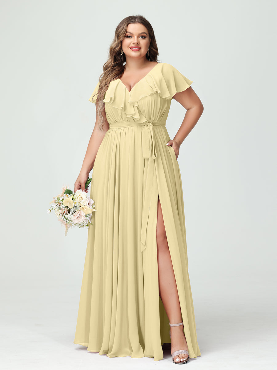 Plus Size Chiffon Bridesmaid Dress with Pockets - A-Line/Princess V-Neck, Short Sleeves, Ruffles, Ruched & Side Split-BMbridal.UK