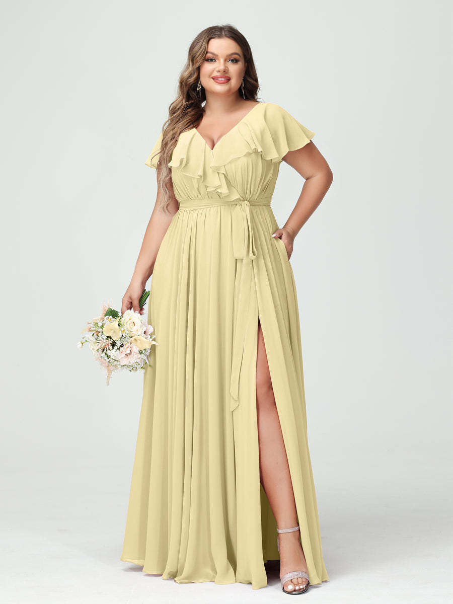Plus Size Chiffon Bridesmaid Dress with Pockets - A-Line/Princess V-Neck, Short Sleeves, Ruffles, Ruched & Side Split-BMbridal.UK