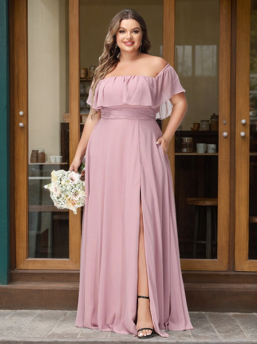 Plus Size Chiffon Bridesmaid Dress with Pockets, A-Line/Princess Cut, Off-the-Shoulder Short Sleeves & Side Split-BMbridal.UK