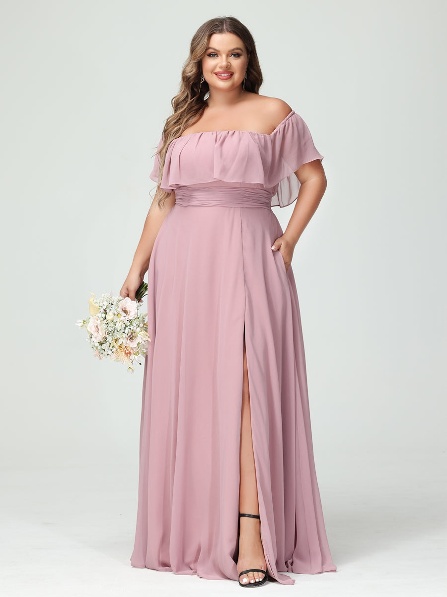 Plus Size Chiffon Bridesmaid Dress with Pockets, A-Line/Princess Cut, Off-the-Shoulder Short Sleeves & Side Split-BMbridal.UK