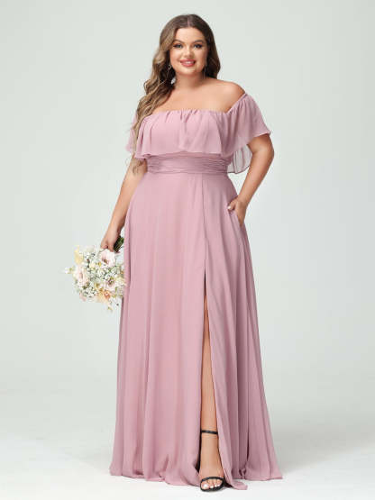 Plus Size Chiffon Bridesmaid Dress with Pockets, A-Line/Princess Cut, Off-the-Shoulder Short Sleeves & Side Split-BMbridal.UK