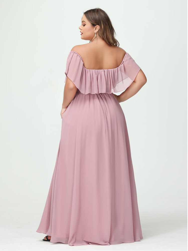 Plus Size Chiffon Bridesmaid Dress with Pockets, A-Line/Princess Cut, Off-the-Shoulder Short Sleeves & Side Split-BMbridal.UK