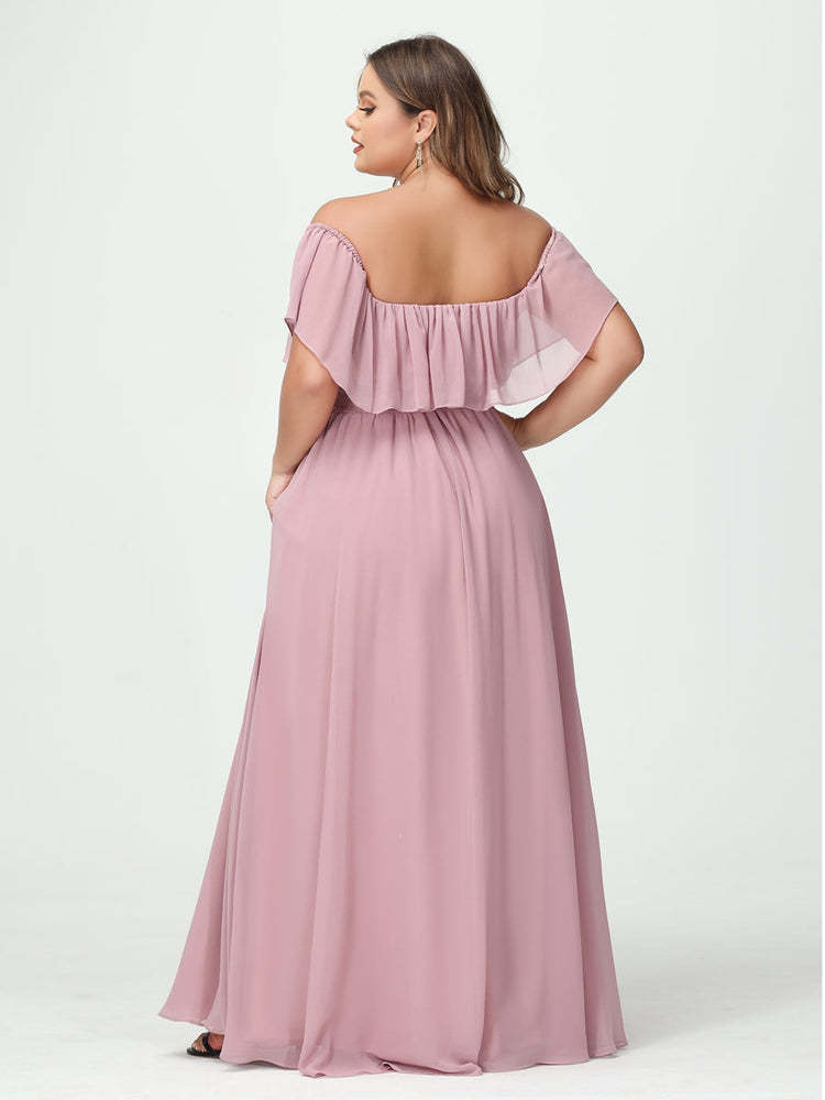Plus Size Chiffon Bridesmaid Dress with Pockets, A-Line/Princess Cut, Off-the-Shoulder Short Sleeves & Side Split-BMbridal.UK