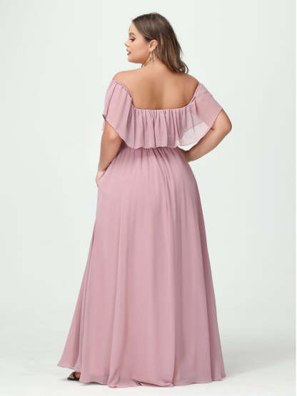 Plus Size Chiffon Bridesmaid Dress with Pockets, A-Line/Princess Cut, Off-the-Shoulder Short Sleeves & Side Split-BMbridal.UK