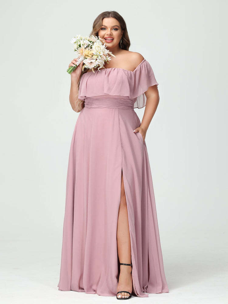 Plus Size Chiffon Bridesmaid Dress with Pockets, A-Line/Princess Cut, Off-the-Shoulder Short Sleeves & Side Split-BMbridal.UK