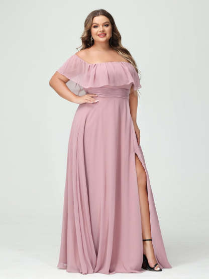 Plus Size Chiffon Bridesmaid Dress with Pockets, A-Line/Princess Cut, Off-the-Shoulder Short Sleeves & Side Split-BMbridal.UK