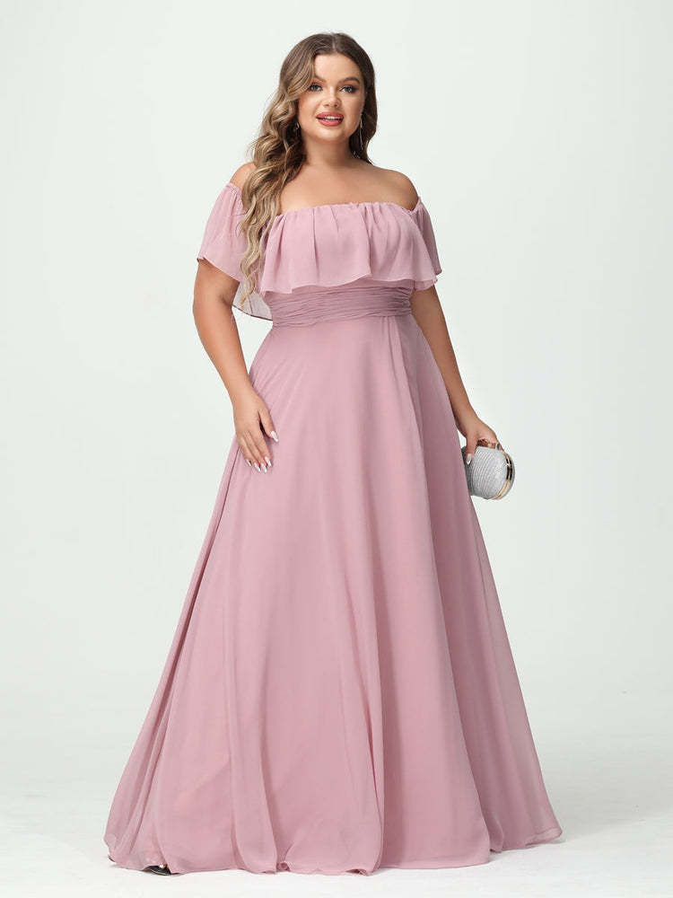 Plus Size Chiffon Bridesmaid Dress with Pockets, A-Line/Princess Cut, Off-the-Shoulder Short Sleeves & Side Split-BMbridal.UK