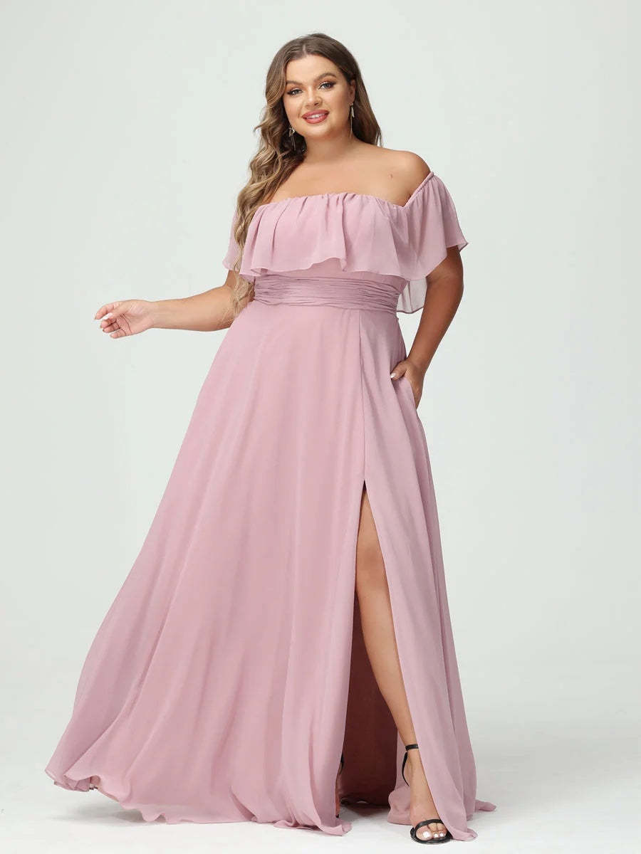 Plus Size Chiffon Bridesmaid Dress with Pockets, A-Line/Princess Cut, Off-the-Shoulder Short Sleeves & Side Split-BMbridal.UK