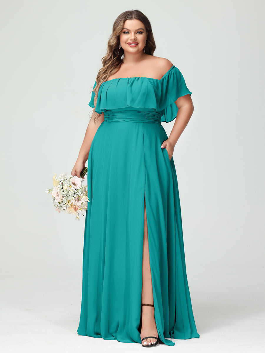 Plus Size Chiffon Bridesmaid Dress with Pockets, A-Line/Princess Cut, Off-the-Shoulder Short Sleeves & Side Split-BMbridal.UK