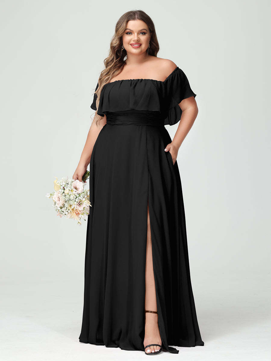 Plus Size Chiffon Bridesmaid Dress with Pockets, A-Line/Princess Cut, Off-the-Shoulder Short Sleeves & Side Split-BMbridal.UK