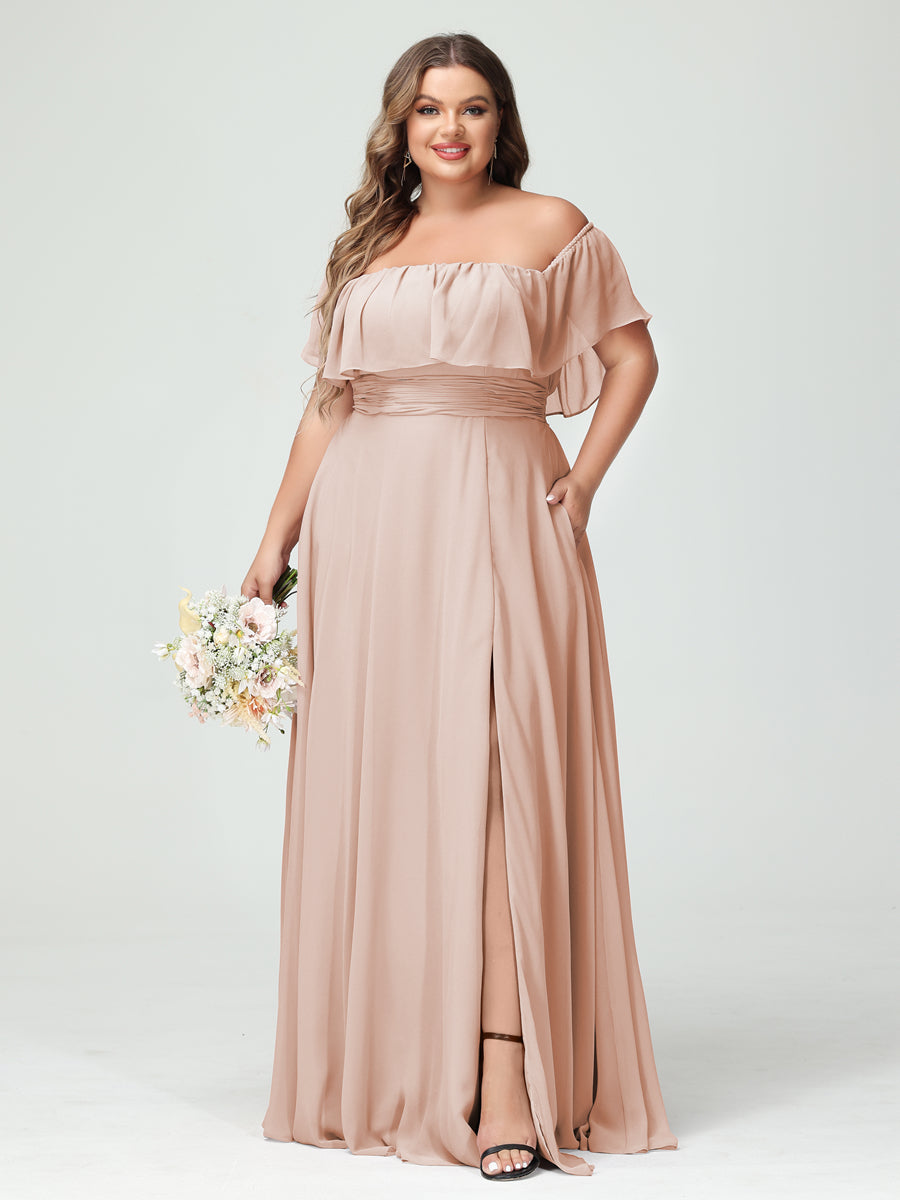Plus Size Chiffon Bridesmaid Dress with Pockets, A-Line/Princess Cut, Off-the-Shoulder Short Sleeves & Side Split-BMbridal.UK