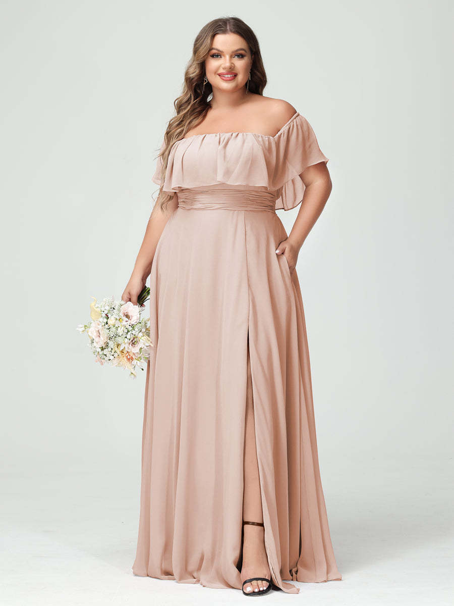 Plus Size Chiffon Bridesmaid Dress with Pockets, A-Line/Princess Cut, Off-the-Shoulder Short Sleeves & Side Split-BMbridal.UK