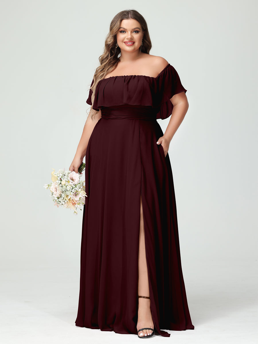 Plus Size Chiffon Bridesmaid Dress with Pockets, A-Line/Princess Cut, Off-the-Shoulder Short Sleeves & Side Split-BMbridal.UK
