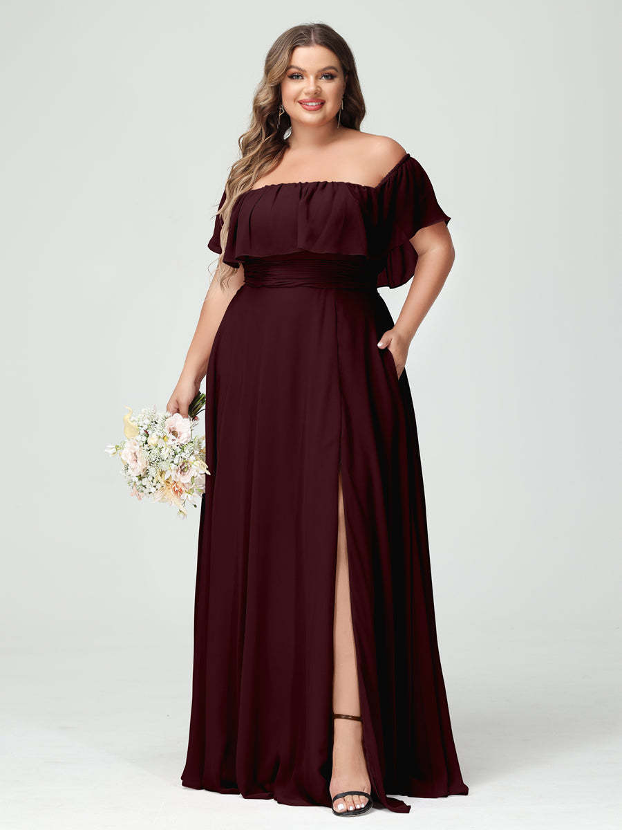 Plus Size Chiffon Bridesmaid Dress with Pockets, A-Line/Princess Cut, Off-the-Shoulder Short Sleeves & Side Split-BMbridal.UK