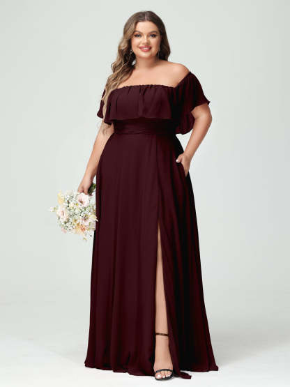 Plus Size Chiffon Bridesmaid Dress with Pockets, A-Line/Princess Cut, Off-the-Shoulder Short Sleeves & Side Split-BMbridal.UK