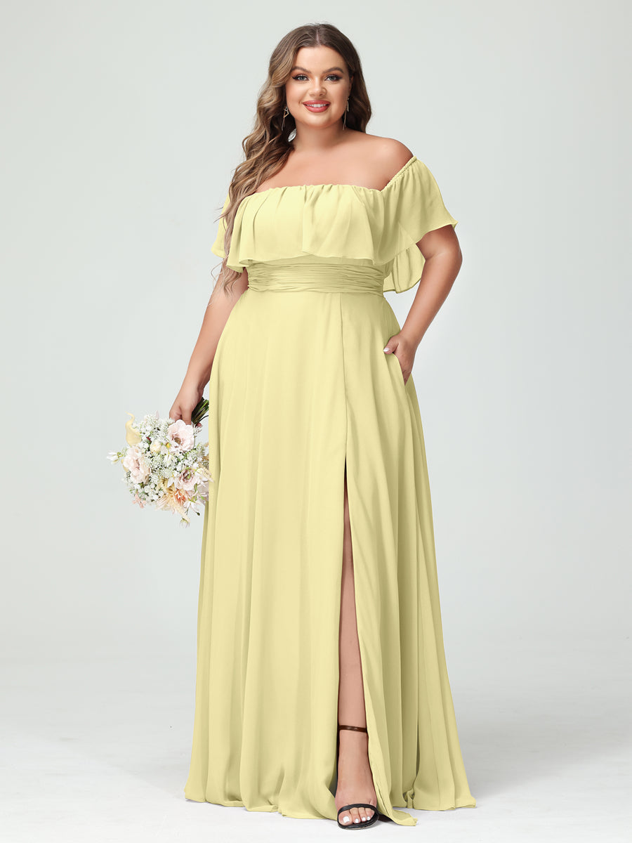 Plus Size Chiffon Bridesmaid Dress with Pockets, A-Line/Princess Cut, Off-the-Shoulder Short Sleeves & Side Split-BMbridal.UK