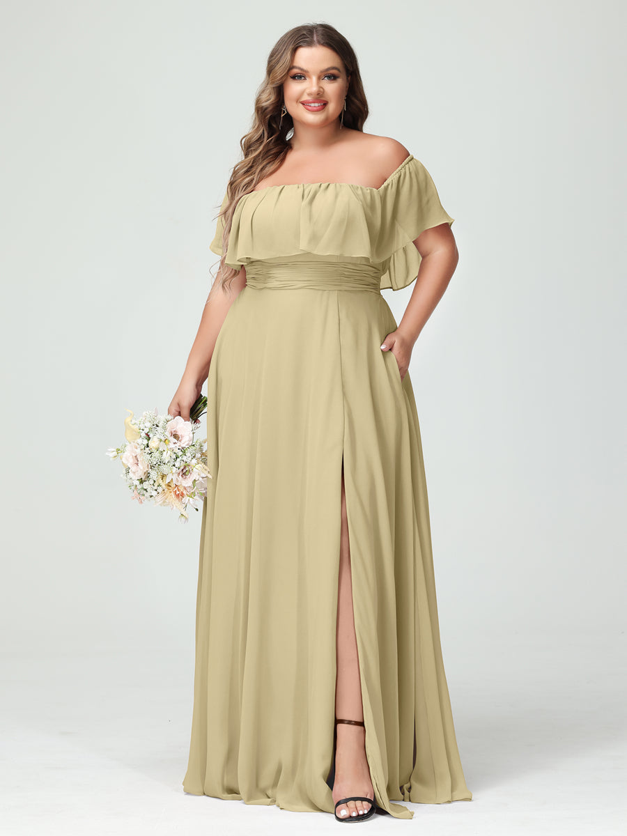 Plus Size Chiffon Bridesmaid Dress with Pockets, A-Line/Princess Cut, Off-the-Shoulder Short Sleeves & Side Split-BMbridal.UK