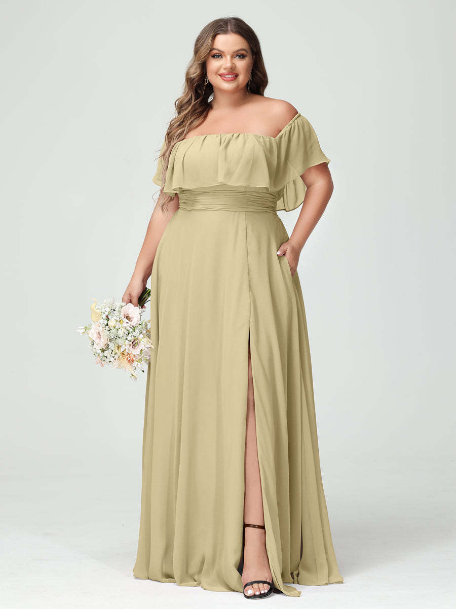 Plus Size Chiffon Bridesmaid Dress with Pockets, A-Line/Princess Cut, Off-the-Shoulder Short Sleeves & Side Split-BMbridal.UK
