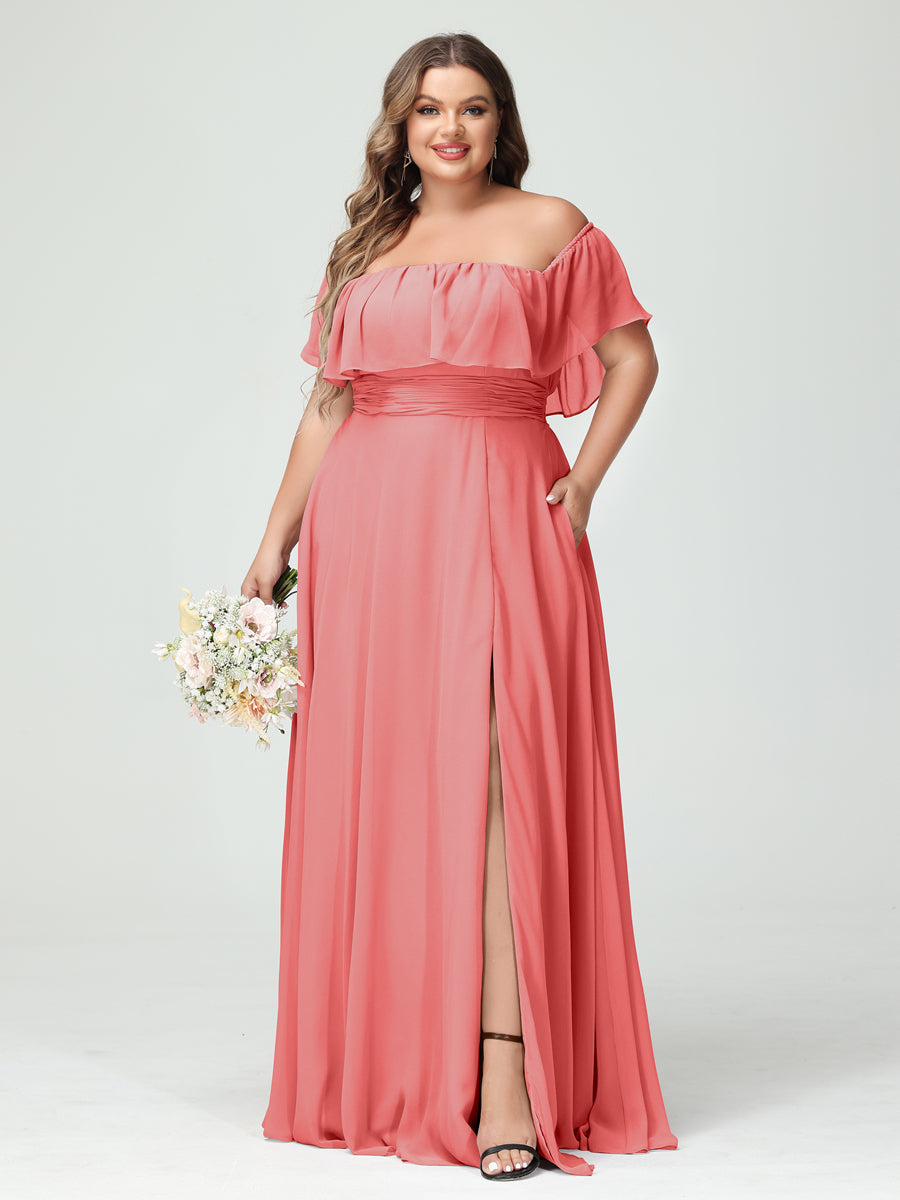 Plus Size Chiffon Bridesmaid Dress with Pockets, A-Line/Princess Cut, Off-the-Shoulder Short Sleeves & Side Split-BMbridal.UK